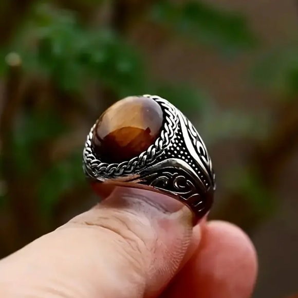 NEW Unisex Large Turkish Style Silver 925 Amber Stone Ring chunky style - Picture 2 of 3